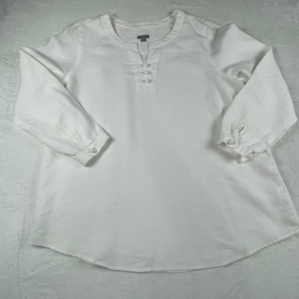 J. Jill Womens XL White 100% Linen Split Neck Frog Button Tunic Top Long Sleeve